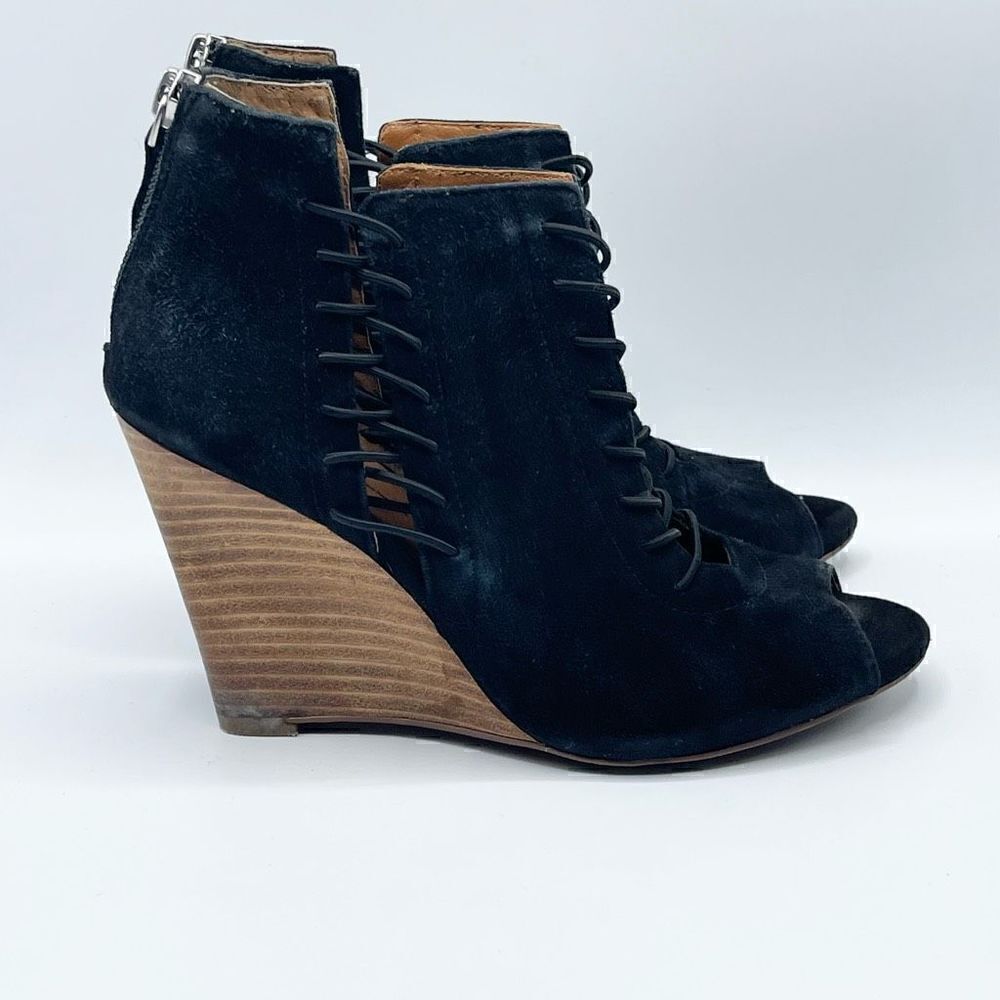 Linea Paolo Stretch Lace Black Suede Wedge Sandals - Women’s 5M